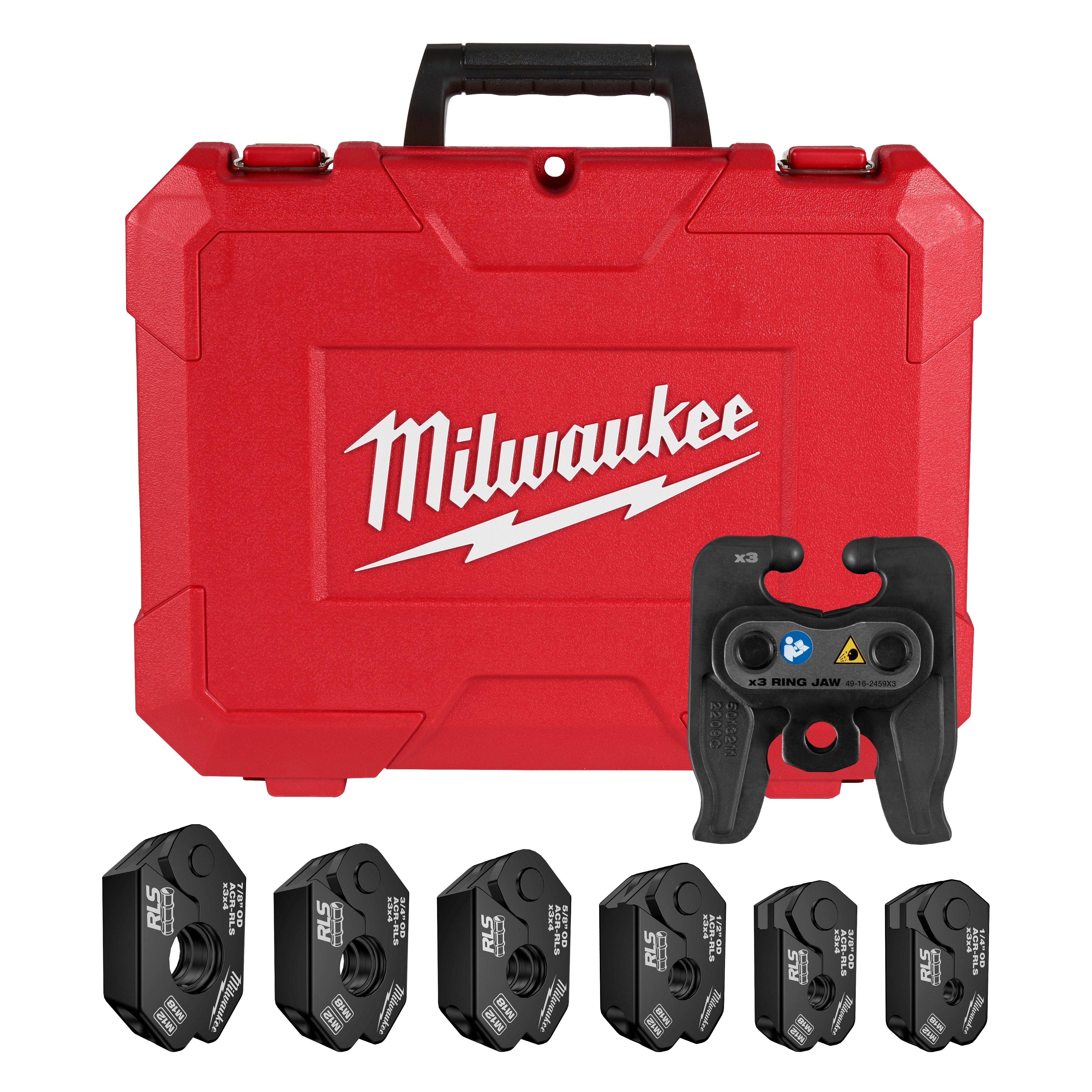 The 1/4" - 7/8" RLS® Pivoting Press Ring Kit for M12™ FORCE LOGIC™ Press Tool includes a red Milwaukee carrying case, five press rings, and a ring jaw attachment. The rings are labeled with RLS® branding and sizes ranging from 1/4" to 7/8".