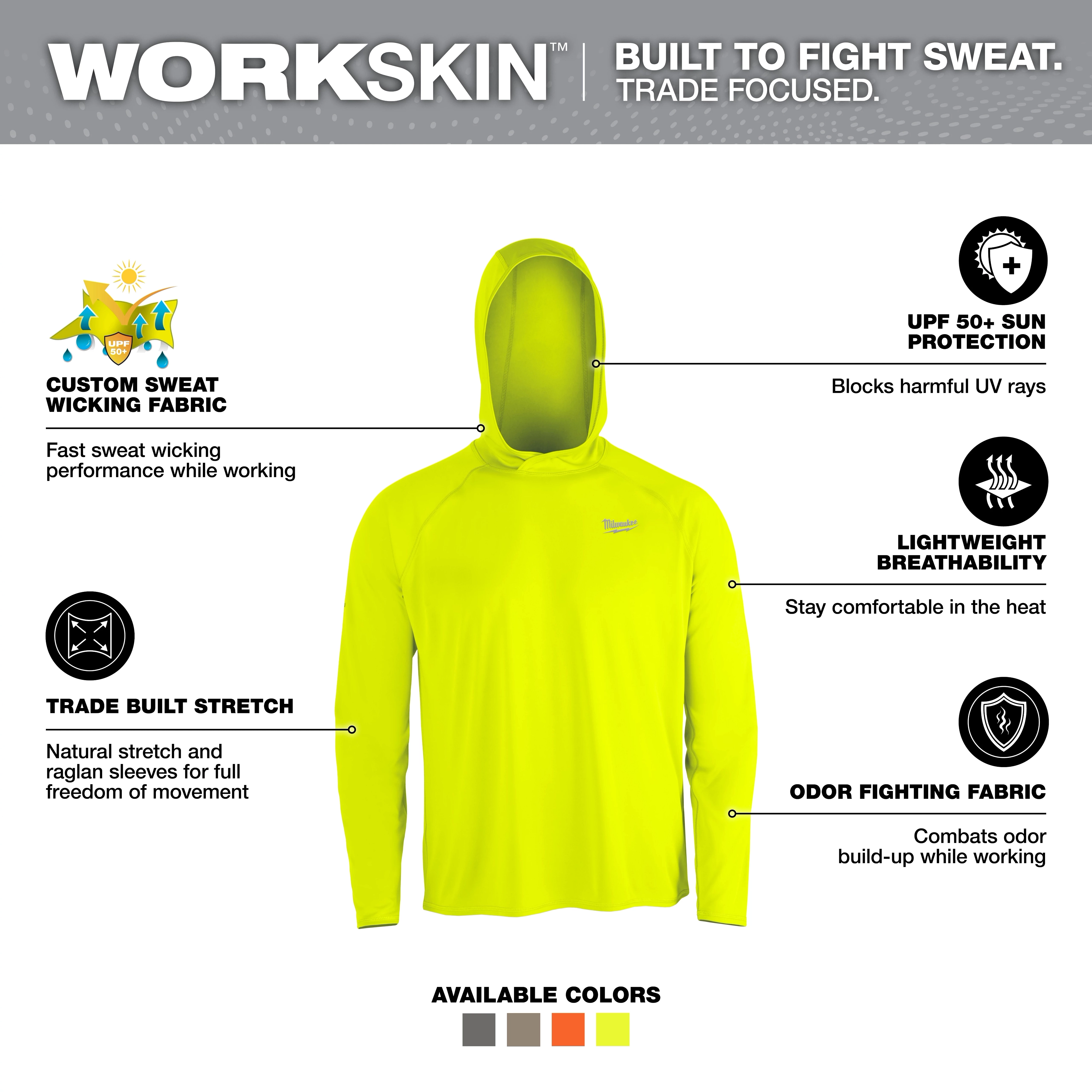 The WORKSKIN Hooded Sun Shirt - Yellow features custom sweat-wicking fabric, UPF 50+ sun protection, lightweight breathability, odor-fighting fabric, and trade-built stretch for full freedom of movement.