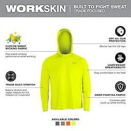 The WORKSKIN Hooded Sun Shirt - Yellow features custom sweat-wicking fabric, UPF 50+ sun protection, lightweight breathability, odor-fighting fabric, and trade-built stretch for full freedom of movement.