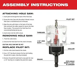 Assembly instructions for 3/8" Shank Ergo Quick-Change Hole Saw Arbor, with labeled parts: pilot bit, threads, pins, collar, shank, and hex key slot.