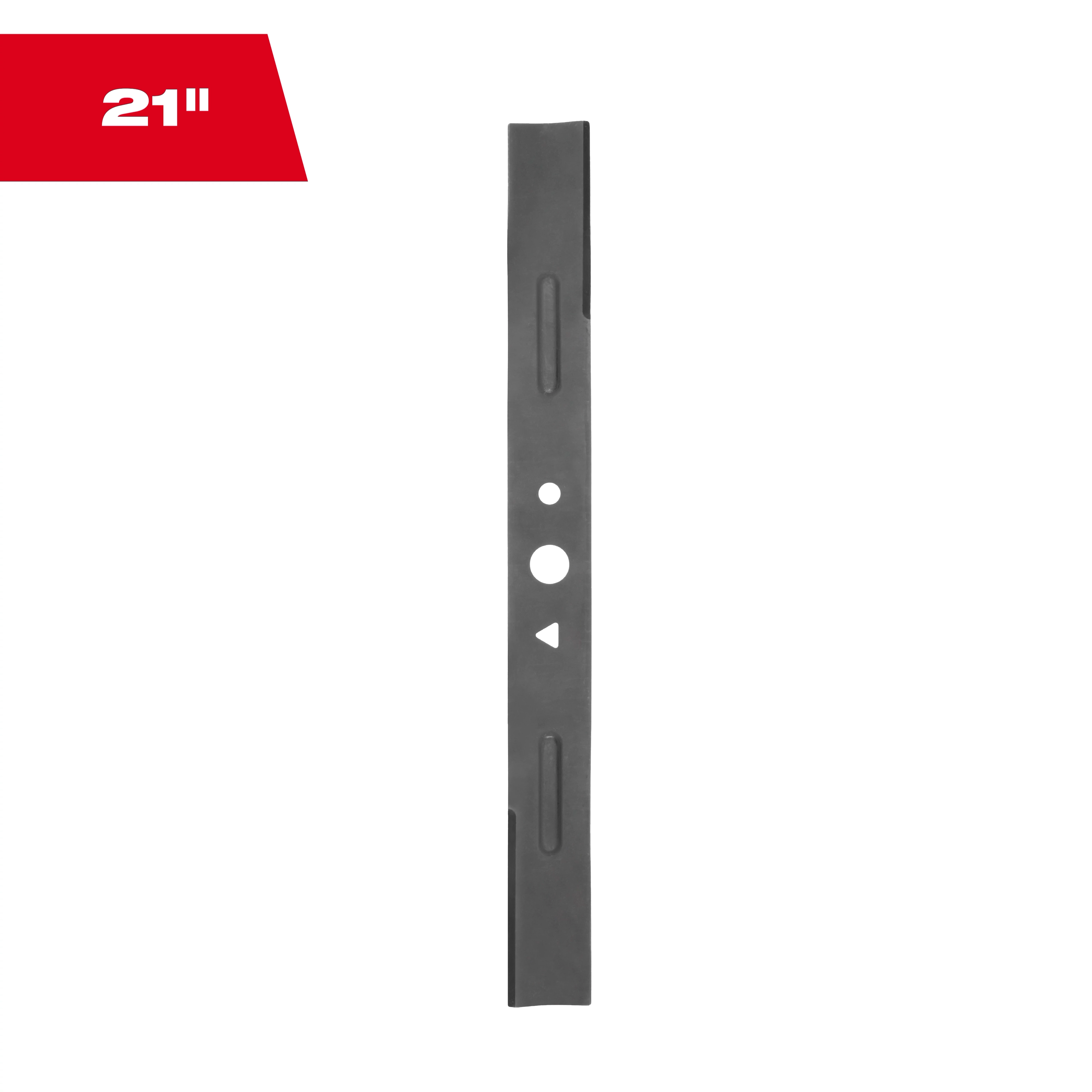 21-inch lawn mower blade with a black finish and a central hole for mounting.