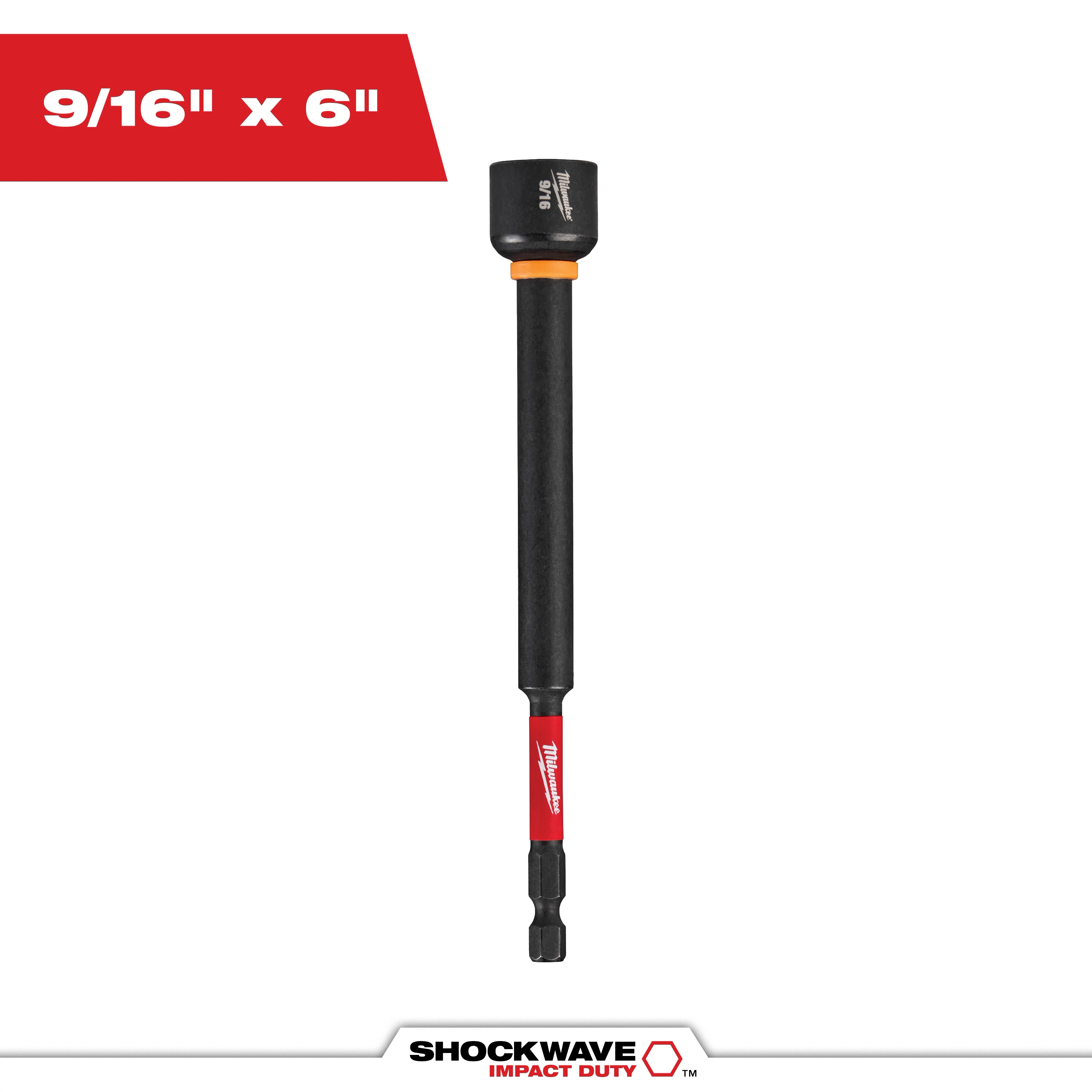 Image of a SHOCKWAVE™ Impact Duty™ 9/16" x 6" Magnetic Nut Driver. The nut driver is long with a black shaft and magnetic tip. The size "9/16" x 6"" is displayed in white text on a red background in the top left corner.