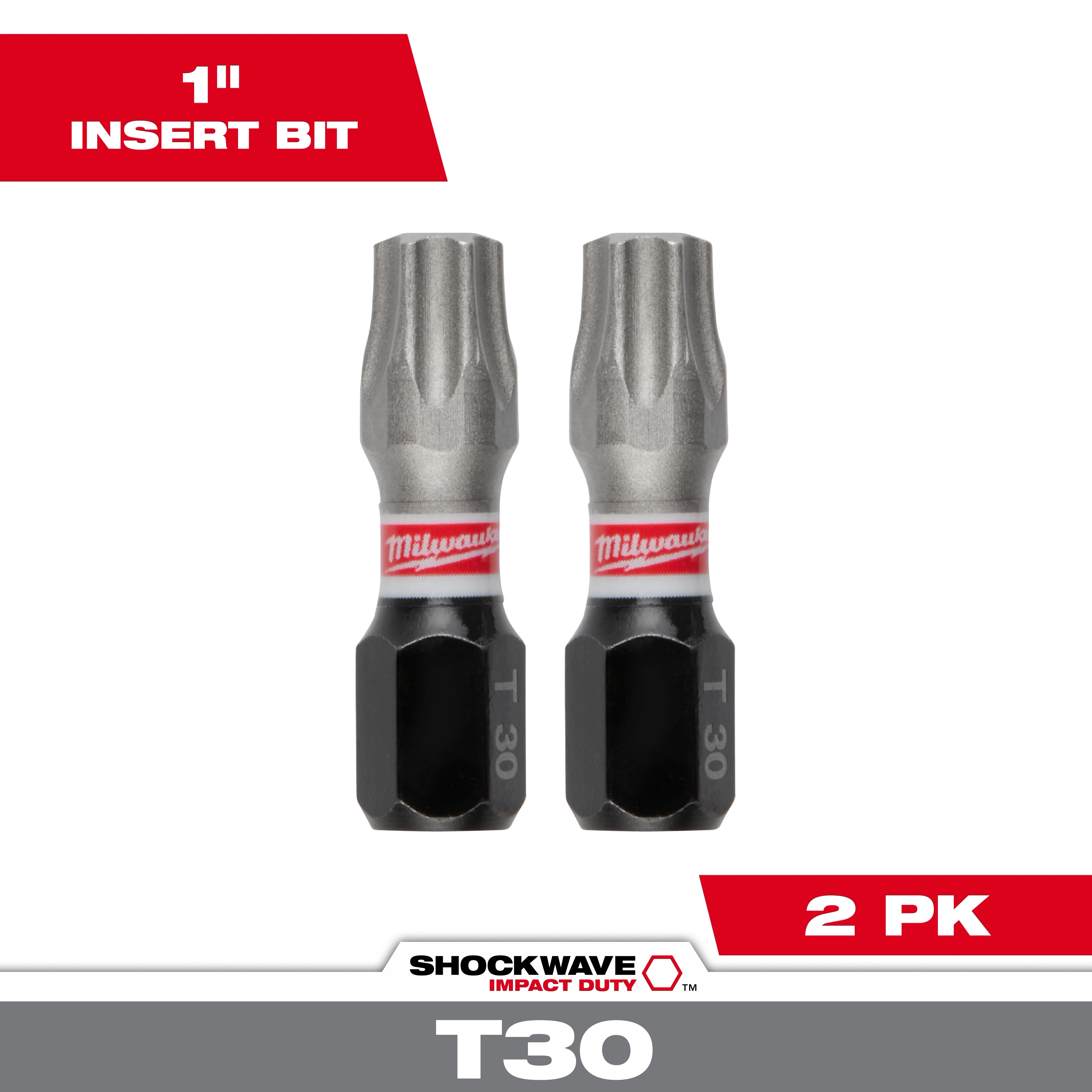 This image shows two SHOCKWAVE™ 1" Impact Duty TORX® T30 insert bits from Milwaukee. They feature a silver top with a red band and black base marked "T30". The package contains two bits, indicated by the "2 PK" label. The product name is displayed in bold text below the bits.