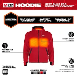 The M12™ Heated Hoodie features HEXON heat technology, providing warmth, fast heat-up time, and extended coverage. It includes reinforced pockets, hidden drawstrings, rib-knit cuffs, and waist, and it is washer and dryer safe. Available in black, grey, red, blue, and khaki.