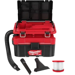 M18 FUEL 2.5 Gallon Wet/Dry Vacuum w/ PACKOUT Compatibility with hose, two nozzles, and a filter in front.