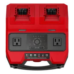 Block Photography red dual-port power station with two outlets and central control panel.