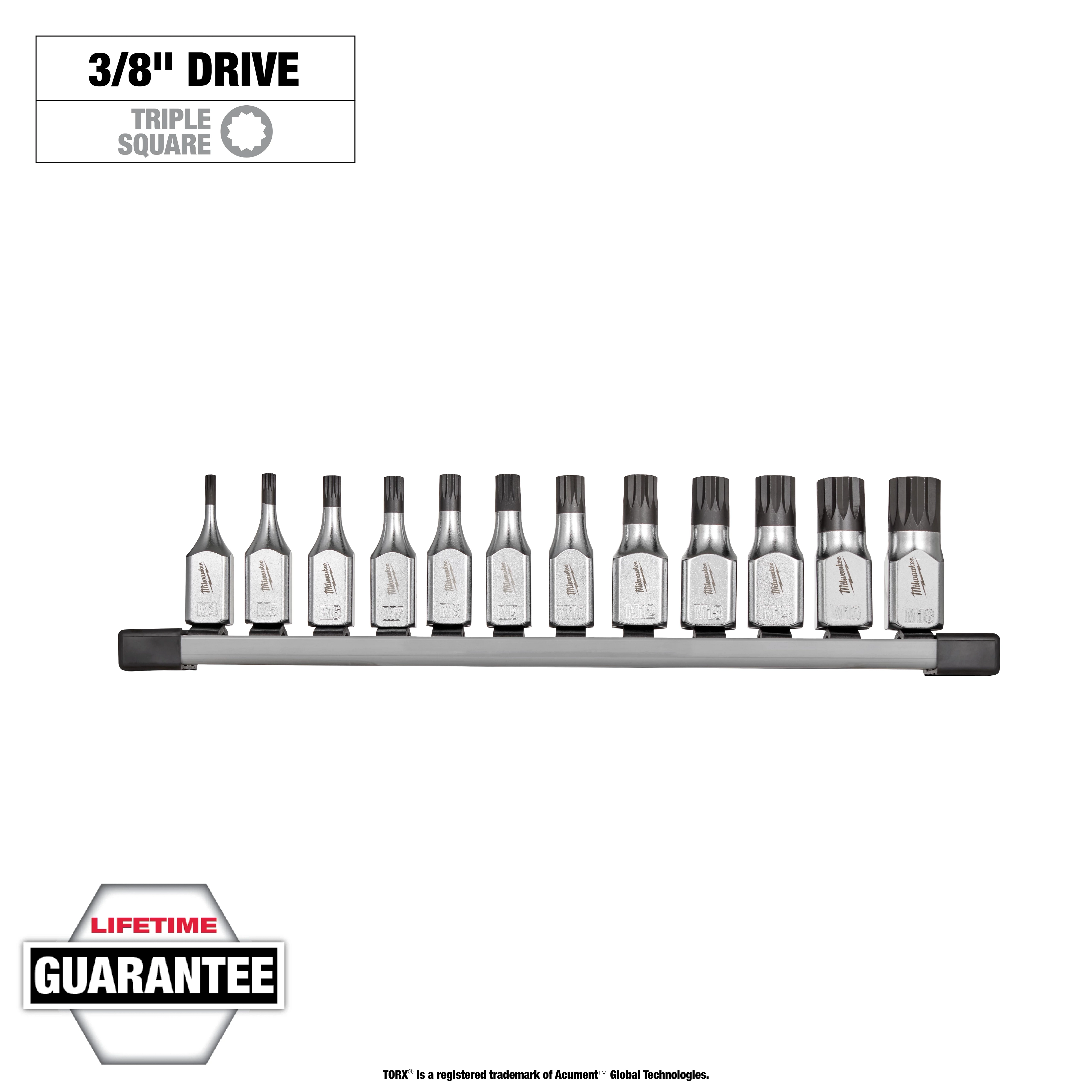 12-piece 3/8" Drive Triple Square Bit Socket Set features twelve triple square bit sockets arranged on a rail, with a lifetime guarantee.