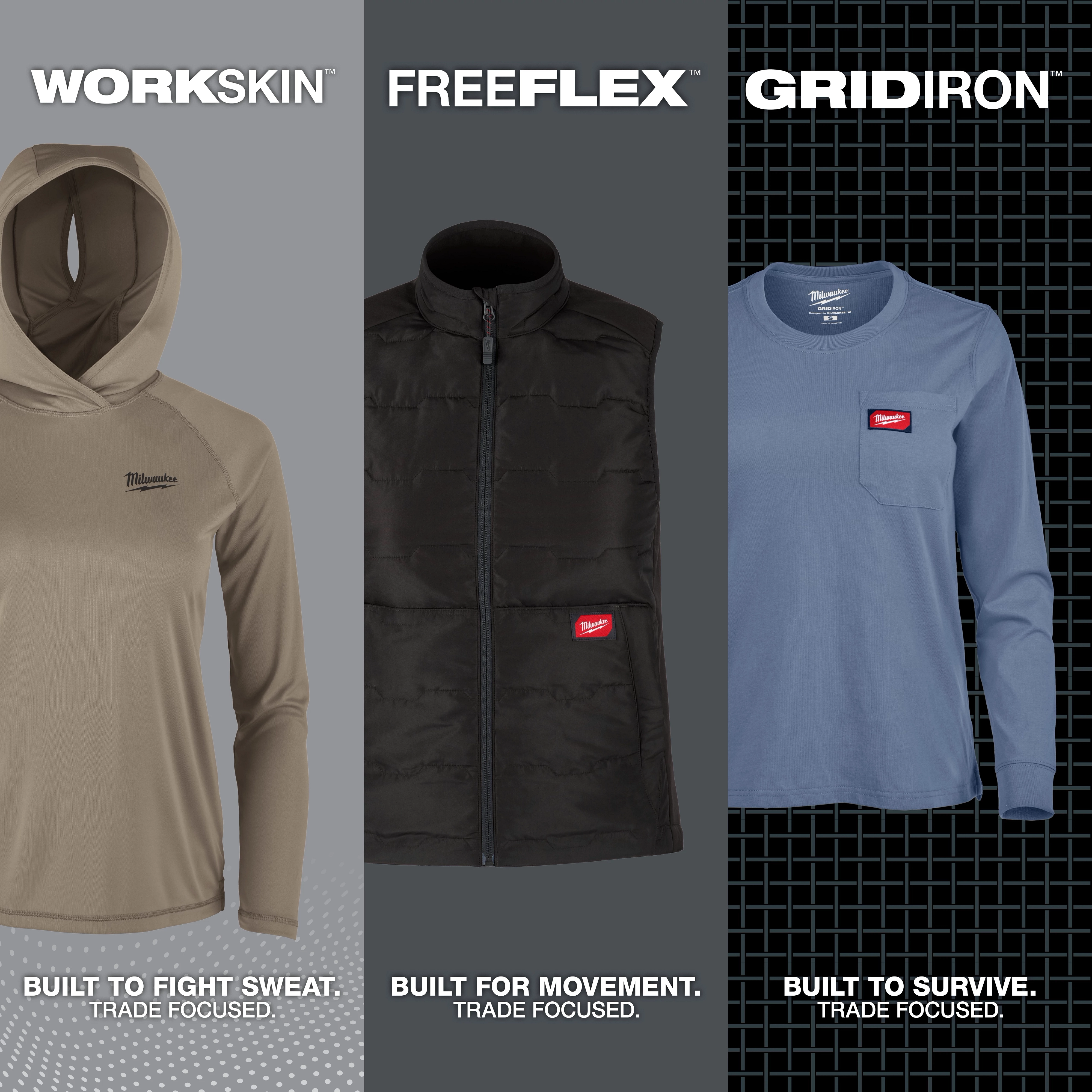 Three Womens Workwear garments: a beige hoodie labeled Workskin, a black vest labeled Freeflex, and a blue long-sleeve shirt labeled Gridiron.
