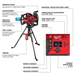 This image displays the M18 FUEL™ BRANCH CONDUIT BENDER w/ AUTO-ZERO™, a red, tripod-mounted tool with features labeled, including bending shoe, backformer, roll cage, material selection, spring back adjustment, size selection, power switch, and preset angle dial. It bends conduit and is ONE-KEY enabled for secure management.