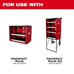 PACKOUT™ Rack advertisement for two models: the PACKOUT™ Rack 48-21-8000 with two metal shelves and the PACKOUT™ Rack Kit 48-21-8070 with four shelves and black metal legs. Both racks are red and branded with the Milwaukee logo.