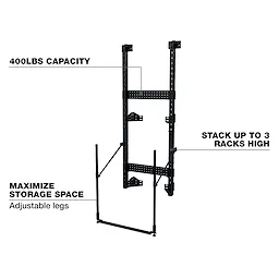 PACKOUT™ Rack Frame with 400lbs capacity, stackable up to 3 racks high, features adjustable legs for maximizing storage space. Black metal frame designed for heavy-duty organization tasks.