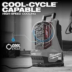 Milwaukee Super Charger with Cool-Cycle technology for high-speed cooling. The image highlights its advanced cooling capabilities with icons and text.