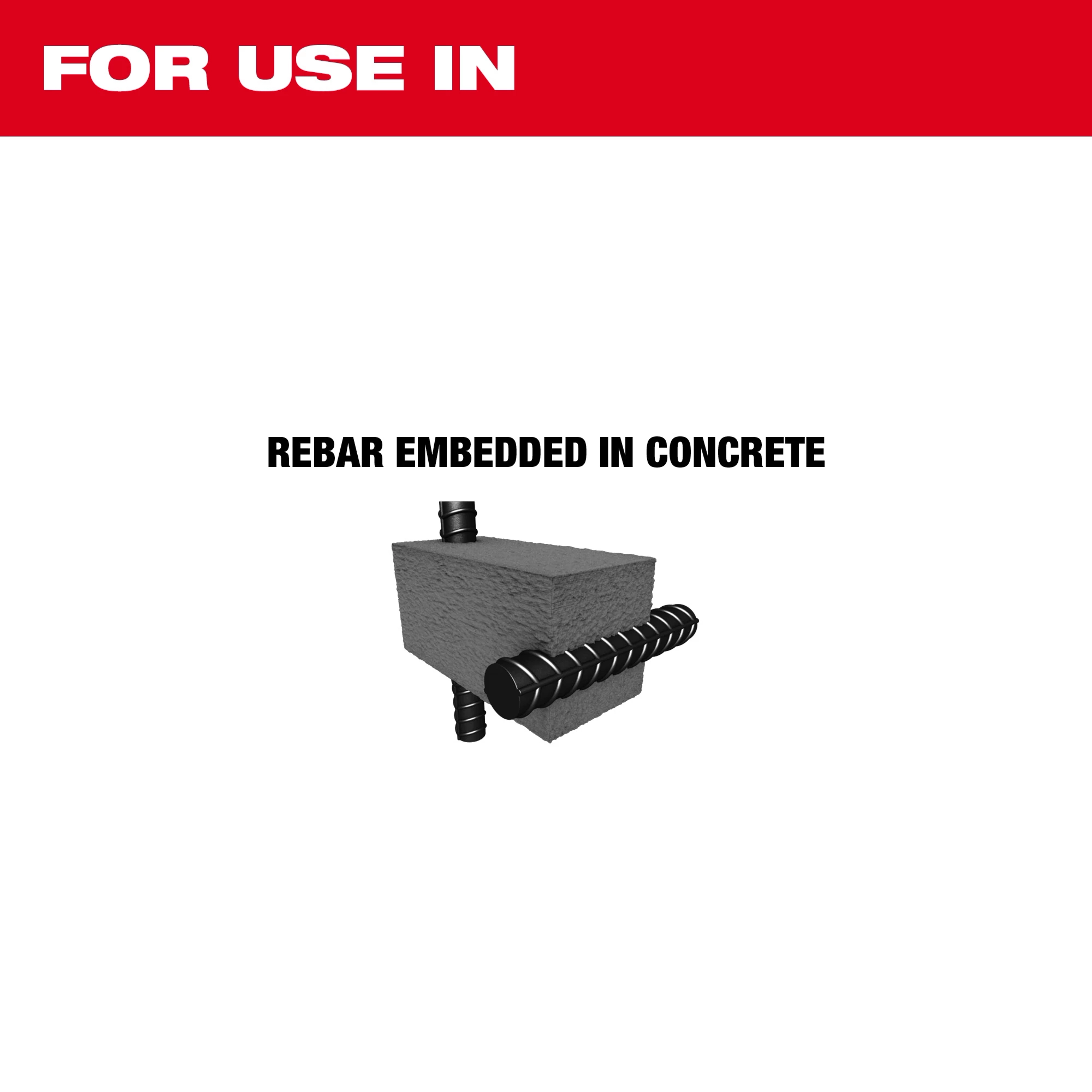 Rebar Cutter Image Reel for use in cutting rebar embedded in concrete, depicted with black rebar pieces in grey concrete.