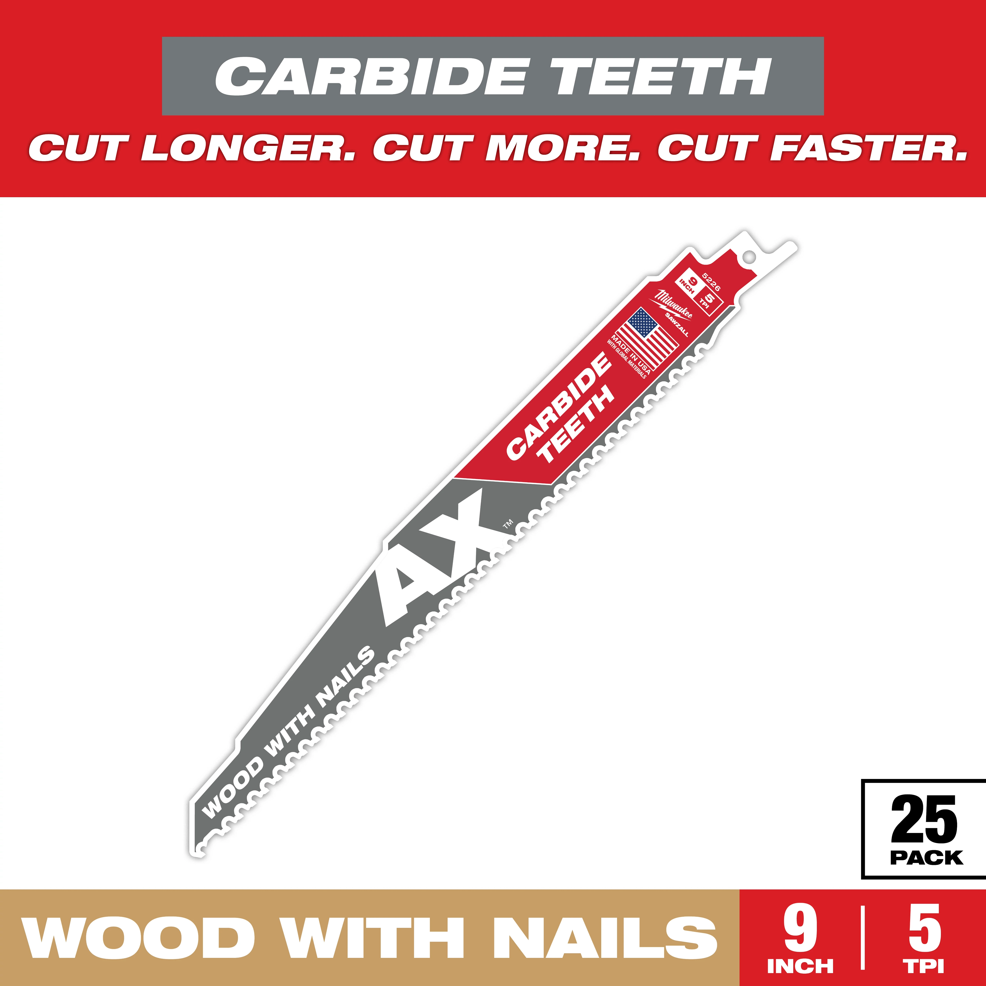 The Sawzall Bi-Metal Carbide 9-inch blade with 5 TPI features carbide teeth. It is designed for cutting wood with nails, offering durability and efficiency. The packaging highlights a 25-pack quantity and emphasizes longer, faster cuts.