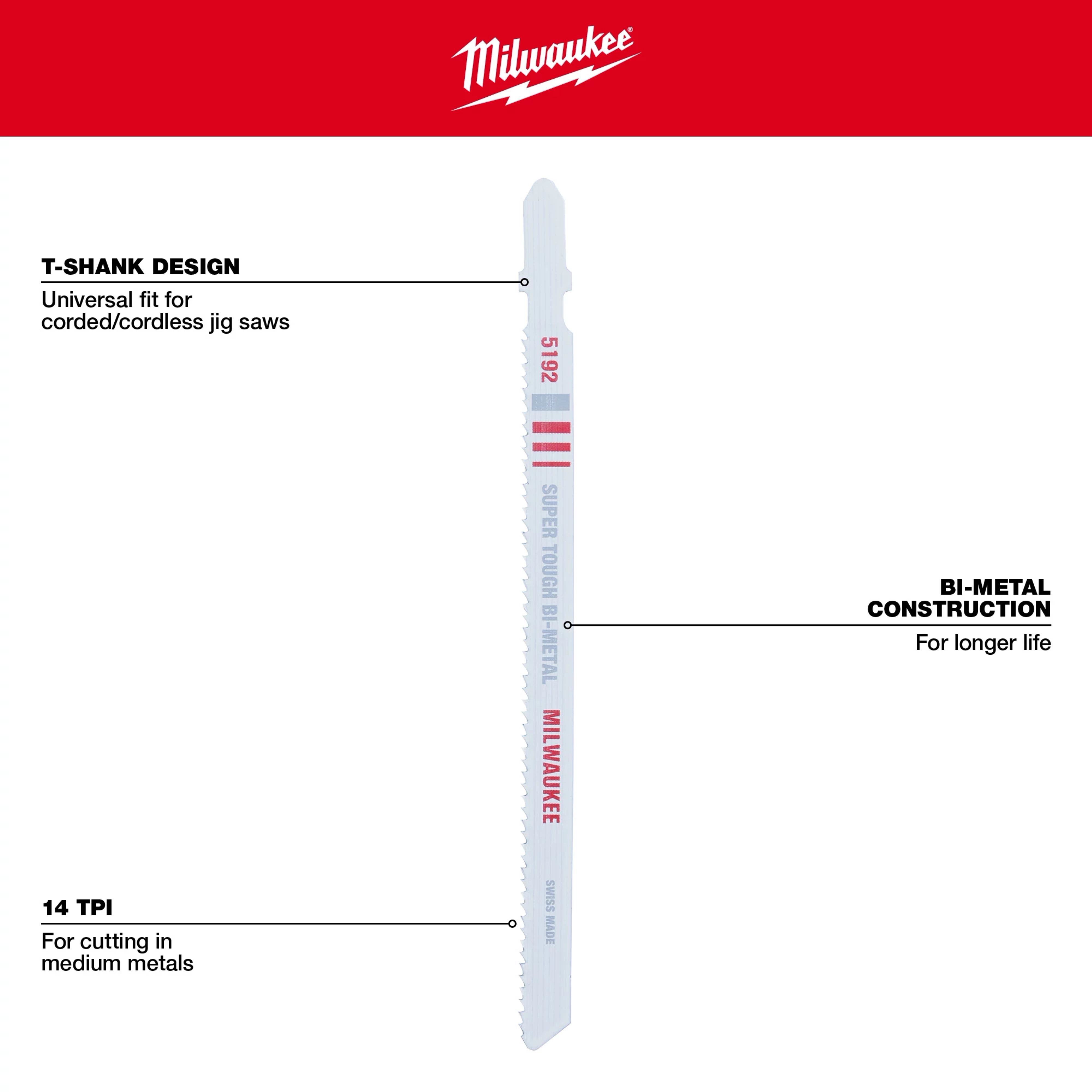 Milwaukee 5-1/4" 14TPI T-Shank Metal Cutting Bi-Metal Jig Saw Blades 5PK, featuring universal fit, bi-metal construction, and 14 teeth per inch.