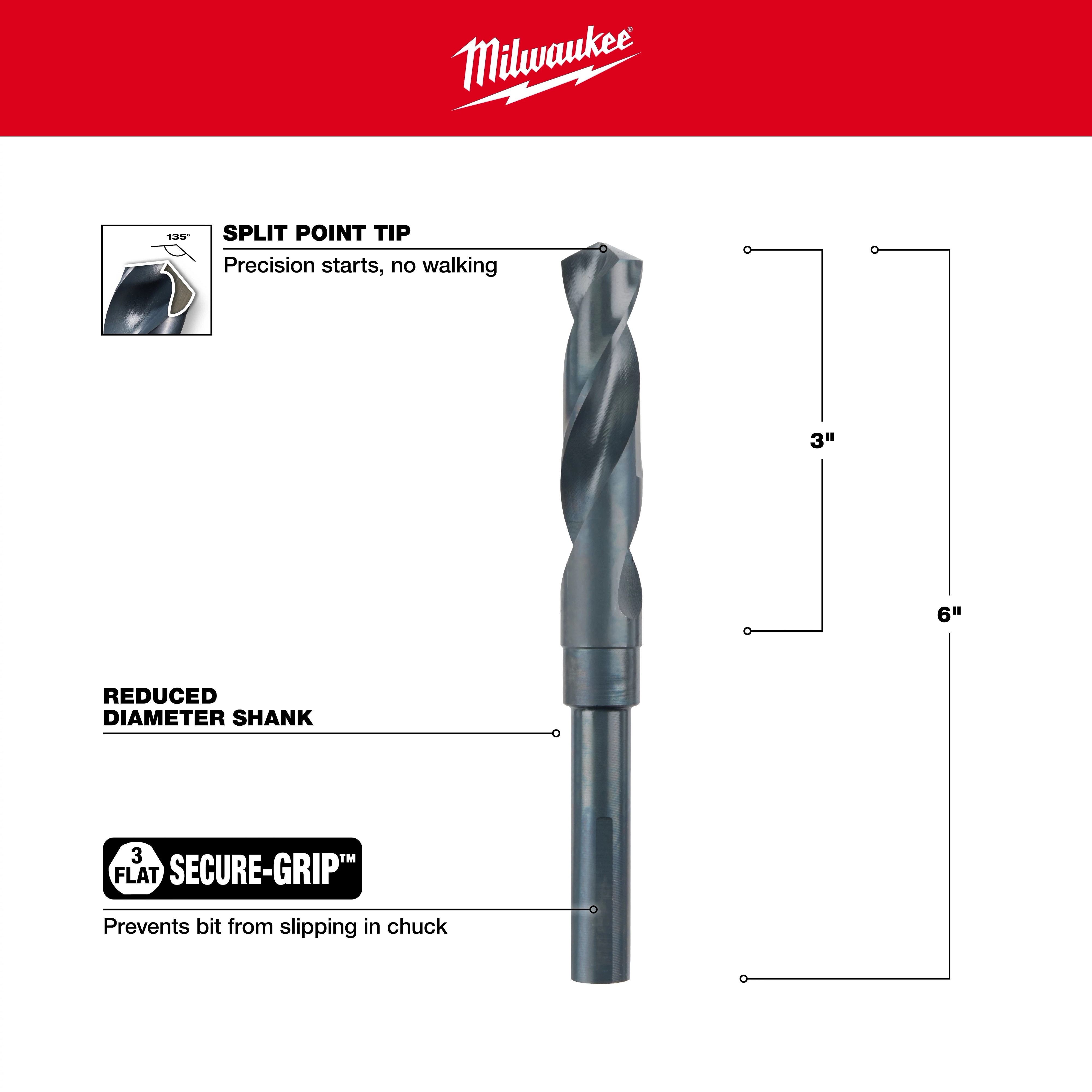 Milwaukee 48-89-2744%20Walkaround drill bit with 3-inch split point tip, 6-inch length, reduced diameter shank, and Secure-Grip feature.