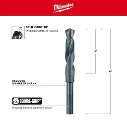 Milwaukee 48-89-2744%20Walkaround drill bit with 3-inch split point tip, 6-inch length, reduced diameter shank, and Secure-Grip feature.