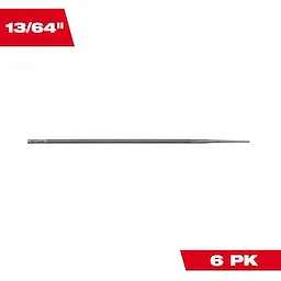 The 13/64” Round File for Saw Chain comes in a 6 PK. Ideal for sharpening saw chains, the file is long, cylindrical in shape, and has uniform ridges along its length for consistency and precision during use. Red labels display "13/64''" and "6 PK” on a white background.