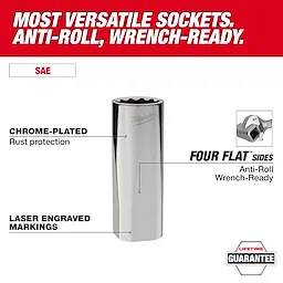 Image of a 12PT Deep Well SAE Socket by Milwaukee. The chrome-plated socket offers rust protection and has laser-engraved markings. Features four flat sides for anti-roll and wrench-ready use, with a lifetime guarantee label. Text reads "Most versatile sockets. anti-roll, wrench-ready" in a white font on a red background.