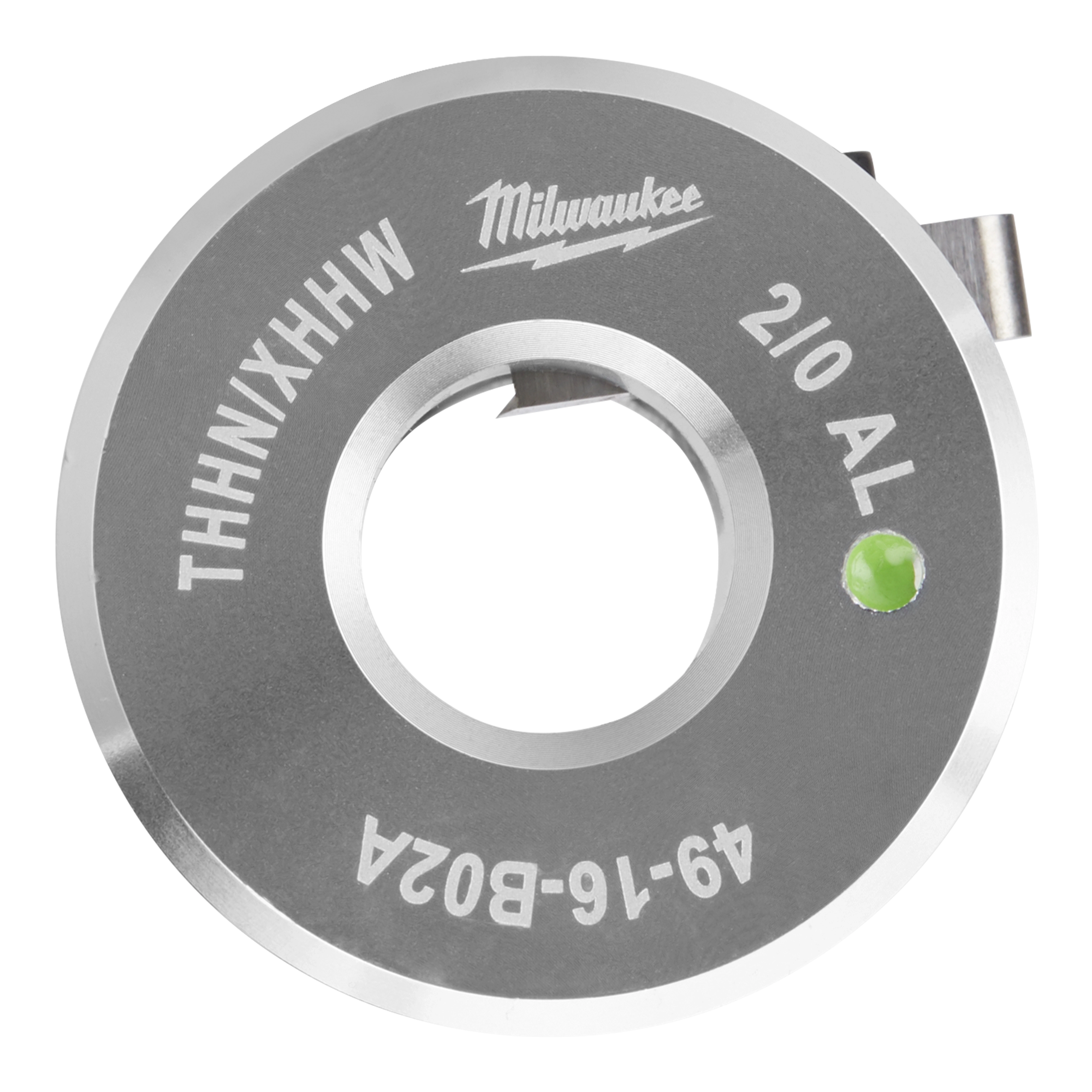 Milwaukee knockout punch for THHN, XHHW, 2/0 AL, model 49-16-8204, featuring a green indicator dot and a sleek metallic design.