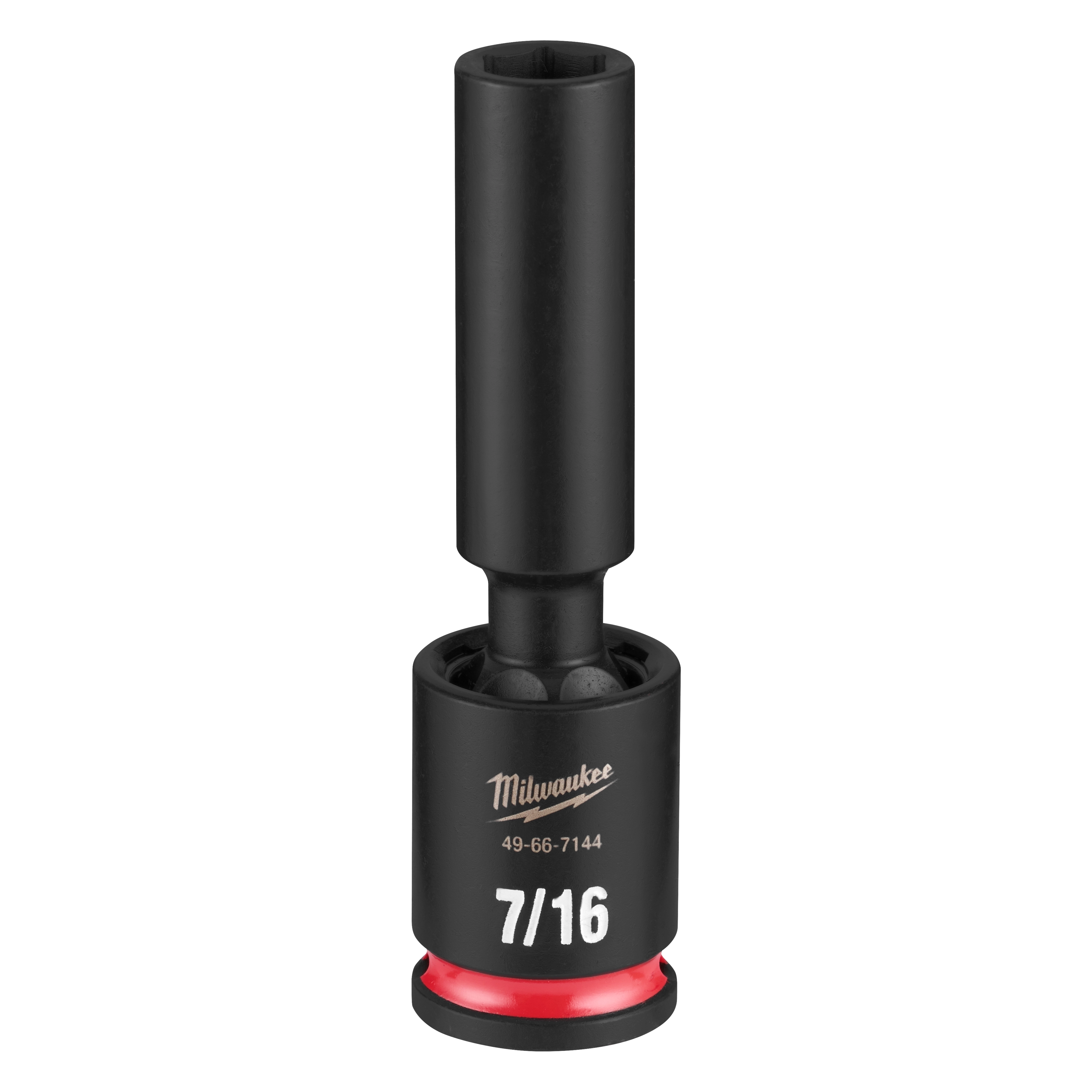 Black SHOCKWAVE Impact Duty 3/8" Drive 7/16" Deep Swivel Socket standing upright on a plain background.