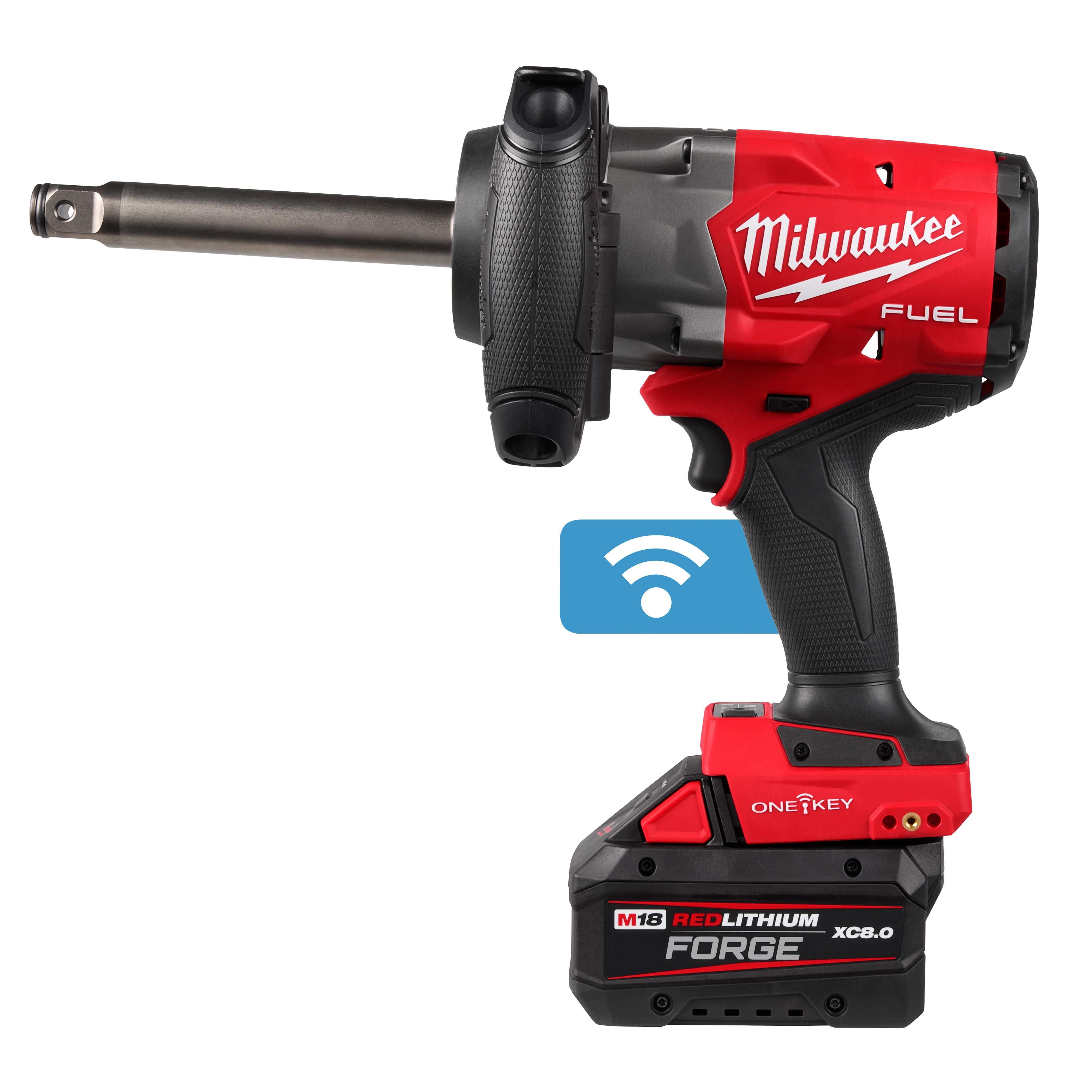 Red and black M18 FUEL 3/4" Extended Anvil High Torque Impact Wrench w/ ONE-KEY Kit with battery attached.