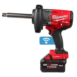 Red and black M18 FUEL 3/4" Extended Anvil High Torque Impact Wrench w/ ONE-KEY Kit with battery attached.