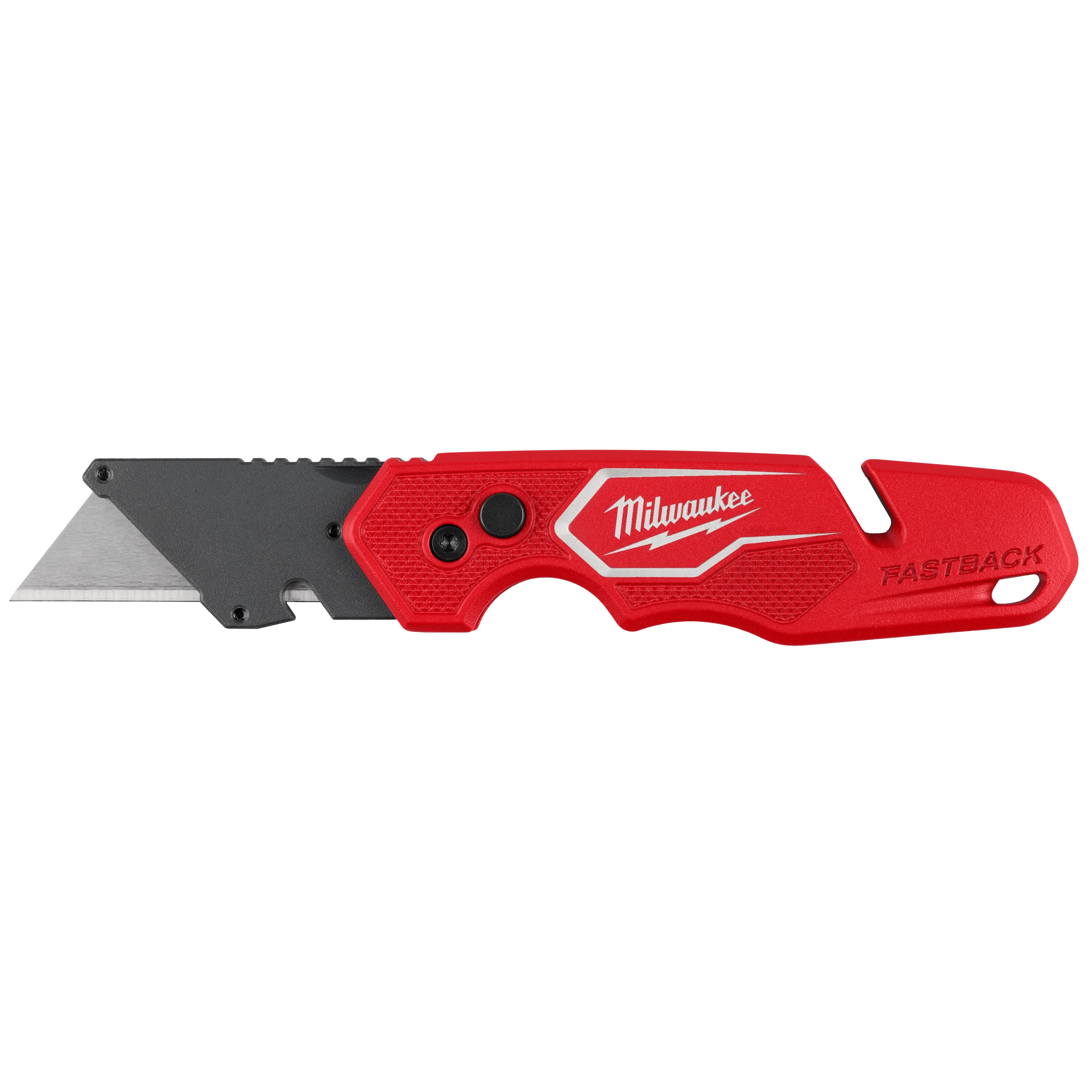 FASTBACK Folding Utility Knife with a red textured handle and exposed metal blade.