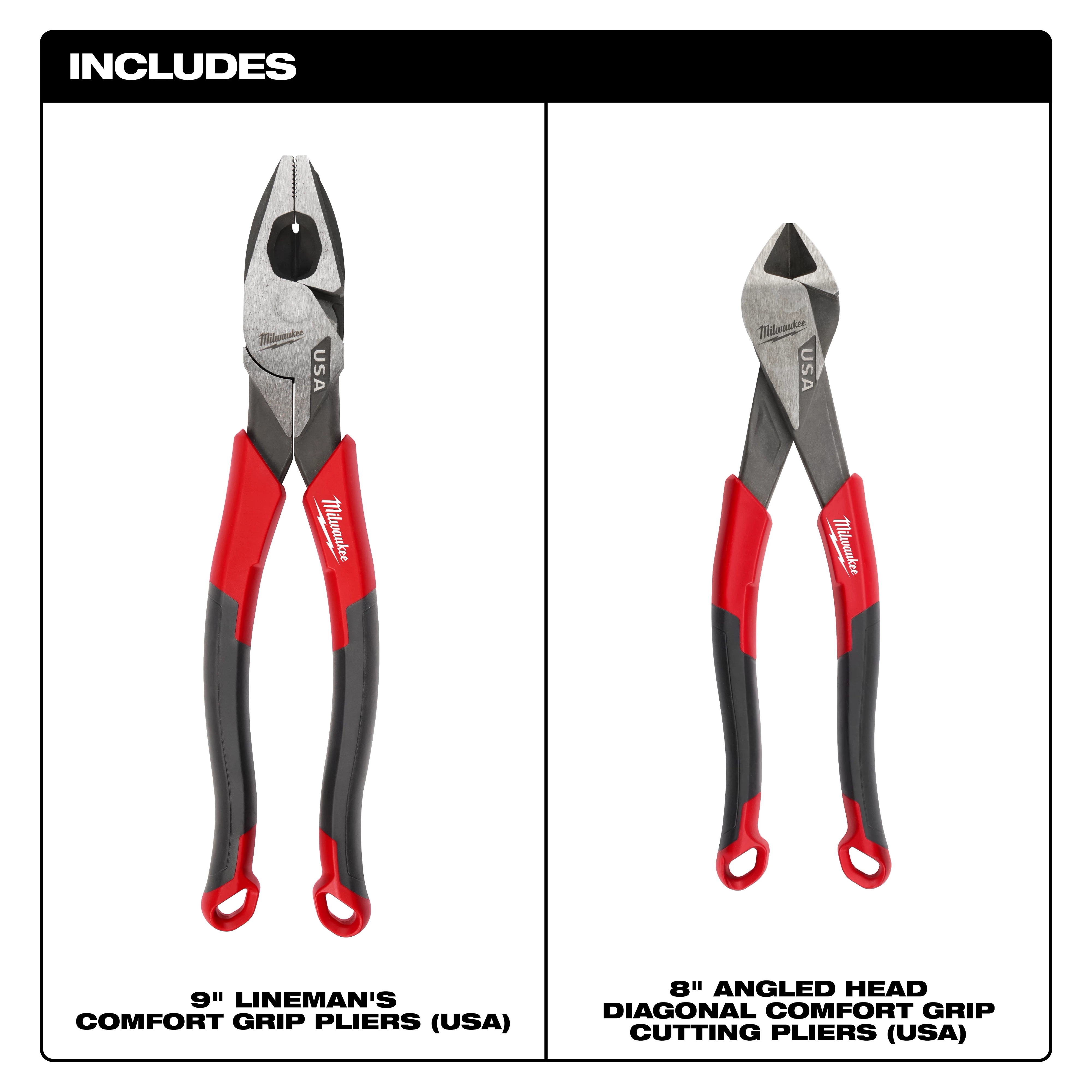 2 PC. Comfort Grip Cutting Pliers Set (USA) with two red and dark-handled pliers on a white background.