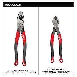 2 PC. Comfort Grip Cutting Pliers Set (USA) with two red and dark-handled pliers on a white background.