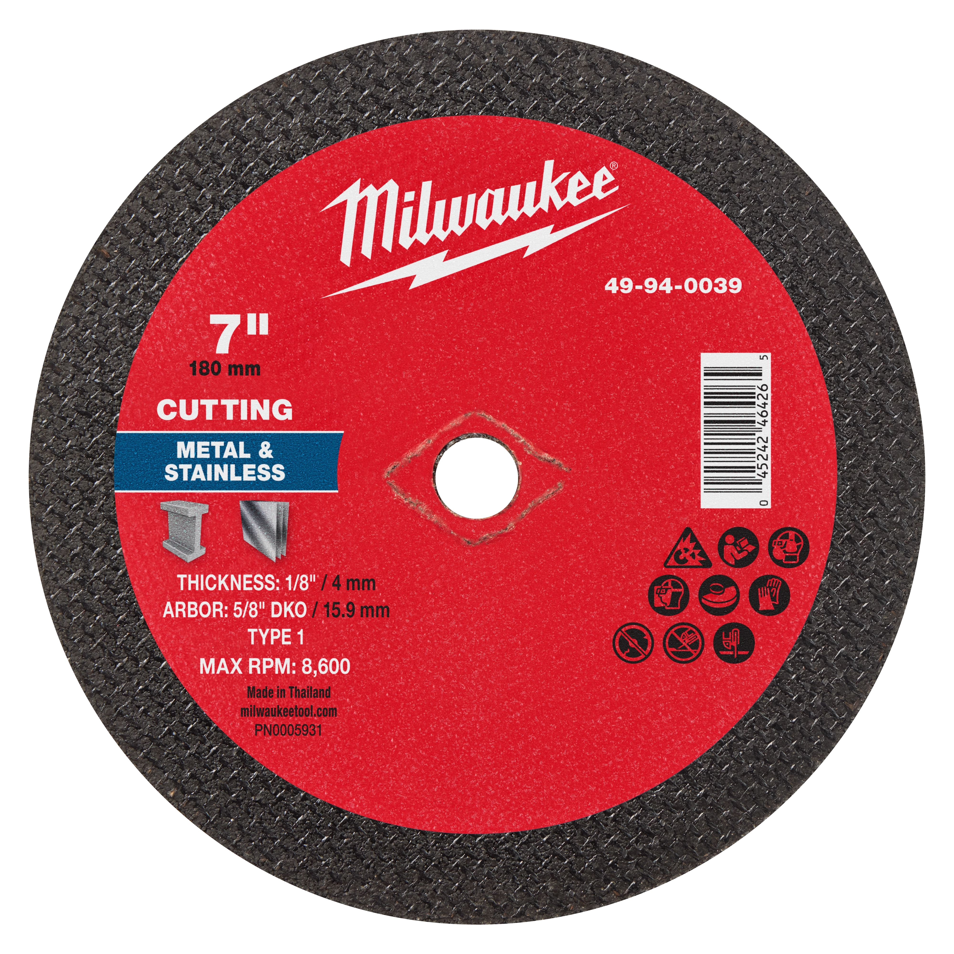 7" x 1/8" x 5/8" DKO Metal Cut Off Wheel - Type 1 for cutting metal and stainless steel. Max RPM: 8,600.