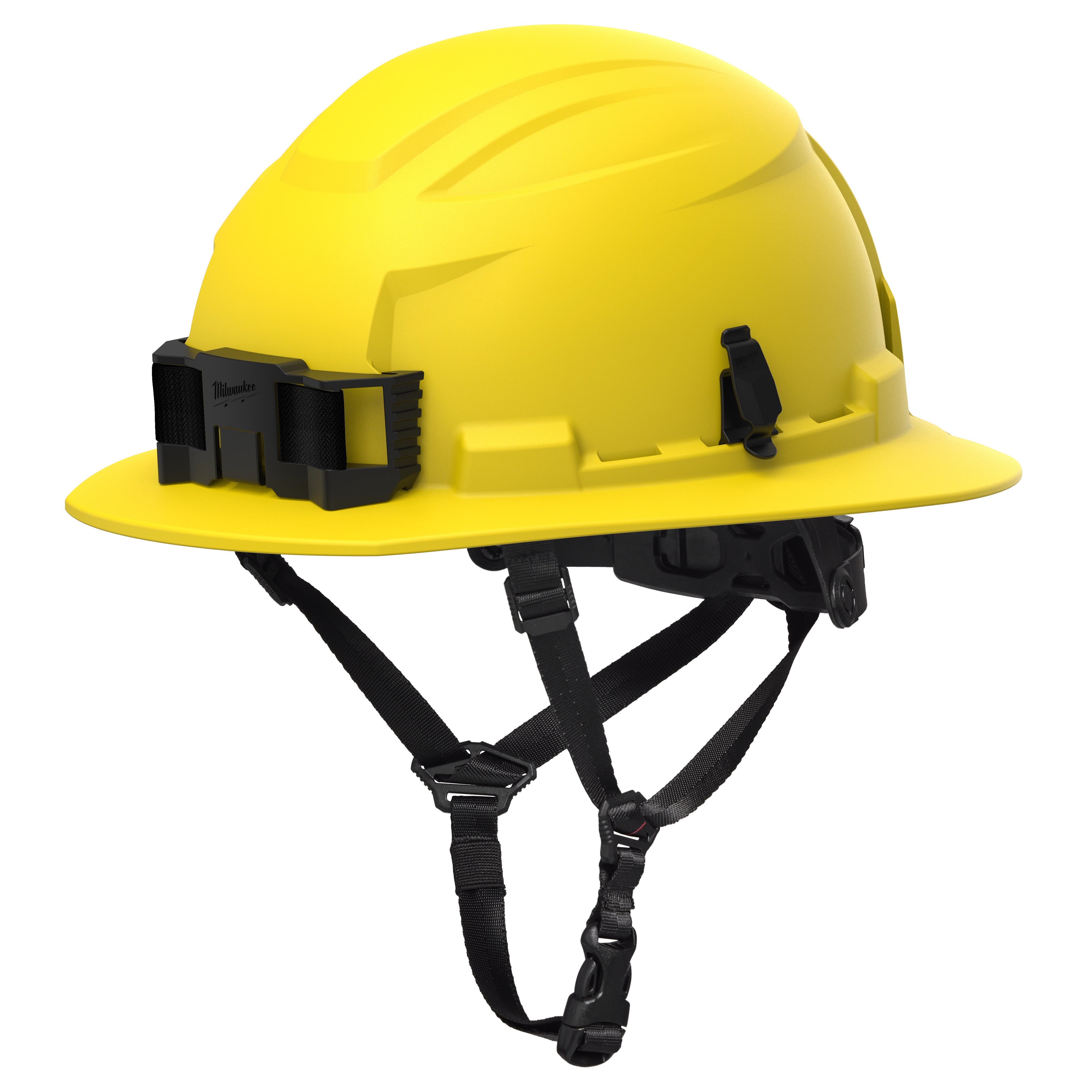 BOLT™ Yellow Full Brim Safety Helmet – Type 2, Class E, designed for construction safety with a wide brim for enhanced protection. Equipped with adjustable straps and a mount for accessories, it ensures secure fit and functionality for various work environments.