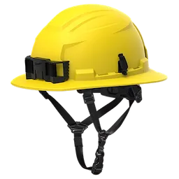 BOLT™ Yellow Full Brim Safety Helmet – Type 2, Class E, designed for construction safety with a wide brim for enhanced protection. Equipped with adjustable straps and a mount for accessories, it ensures secure fit and functionality for various work environments.