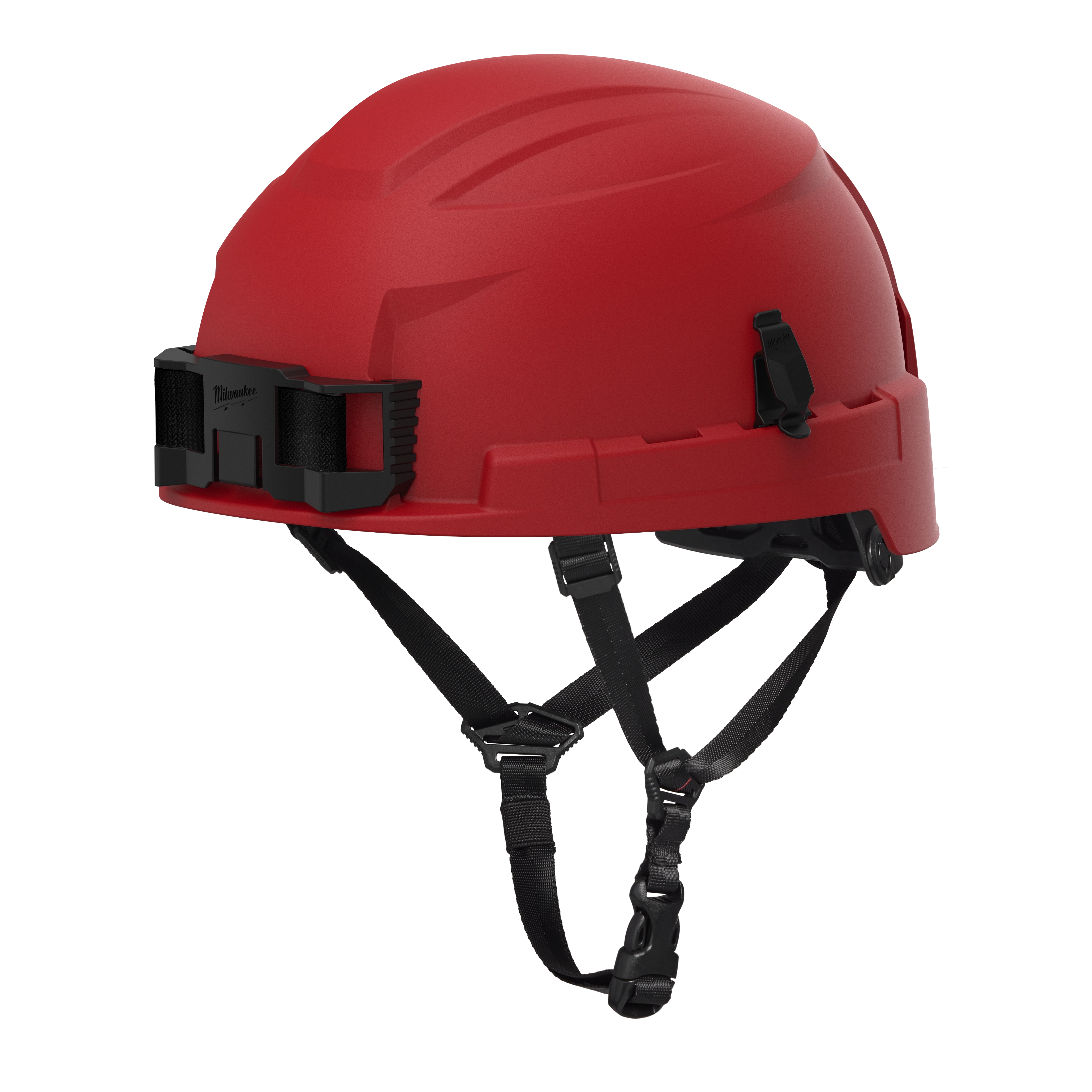 The BOLT™ Red Safety Helmet w/ 4pt Ratcheting Suspension – Type 2, Class E, is a durable red safety helmet with a 4-point ratcheting suspension. It features a robust design suitable for head protection in tough environments and includes adjustable straps for a secure fit.
