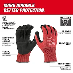 Cut Level 4 Nitrile Dipped Gloves with black palms and red breathable backs displayed against a white and red background.