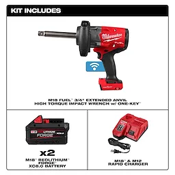 M18 FUEL 3/4" Extended Anvil High Torque Impact Wrench w/ ONE-KEY Kit with two batteries and a rapid charger.