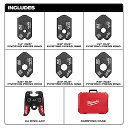 The 1/4" - 7/8" RLS® Pivoting Press Ring Kit for M18™ FORCE LOGIC™ Press Tool includes pivoting press rings of various sizes, an X4 ring jaw, and a red carrying case.