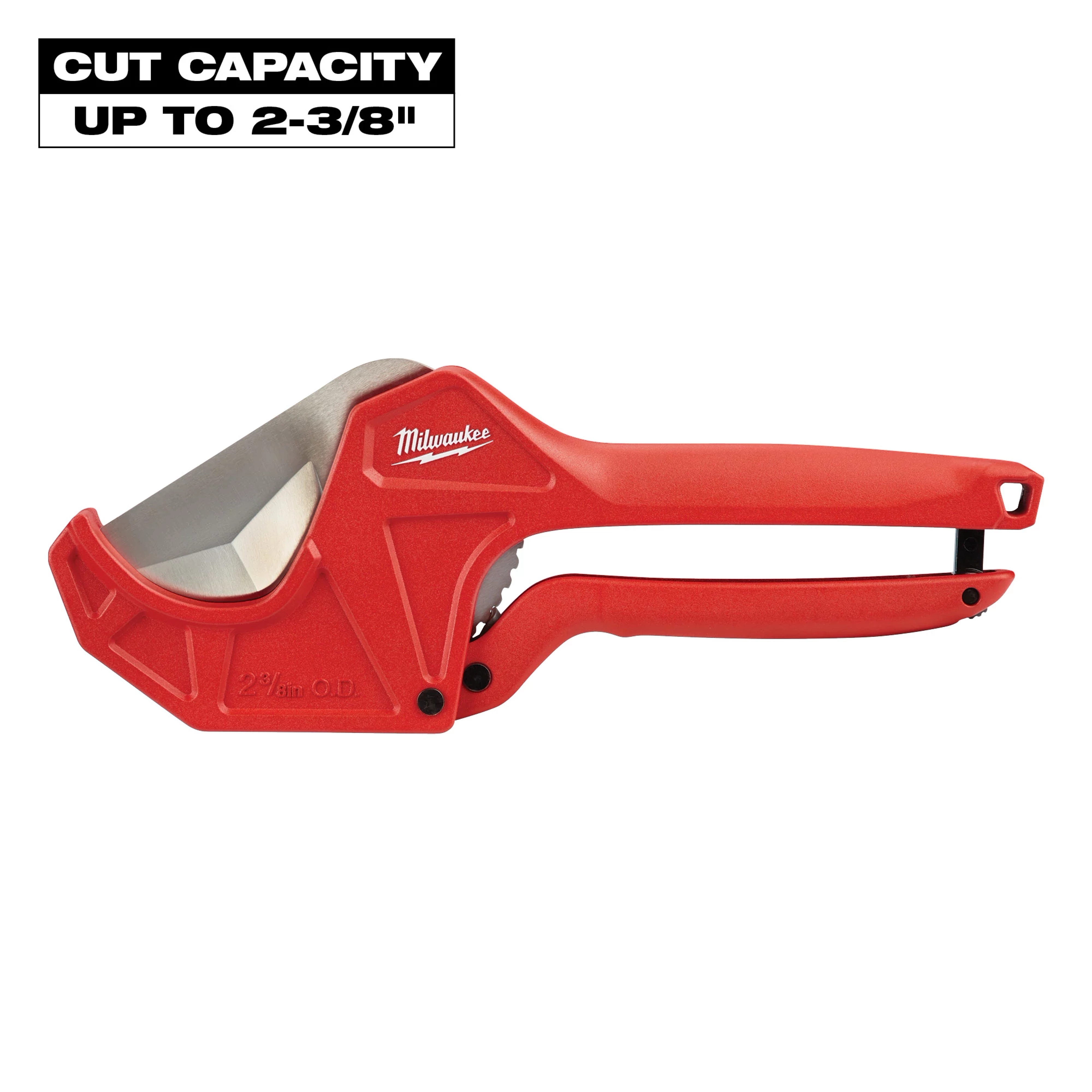 Milwaukee PVC Pipe Cutter in red with sharp steel blade, designed for cutting pipes up to 2-3/8 inches in diameter.