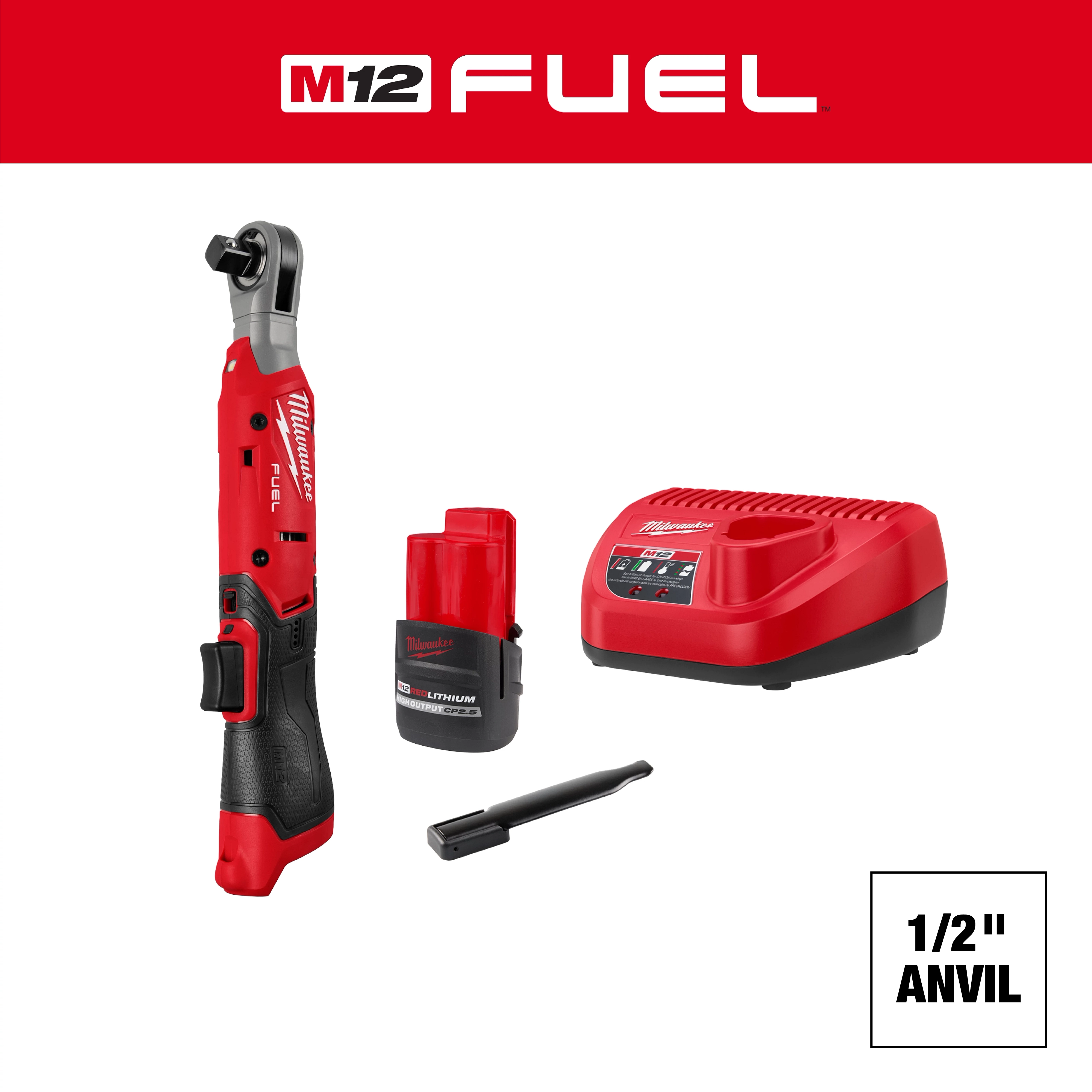 The M12 FUEL™ 1/2" Ratchet is displayed with its components including a red lithium-ion battery, charger, and a black extension piece. The ratchet features a black and red design, suitable for professional usage. "1/2" Anvil" is indicated at the bottom right of the image.