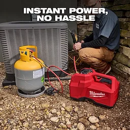 Contractor using Milwaukee M18 Brushless Refrigerant Recovery Machine next to refrigerant tank and air conditioning unit, text reads “Instant Power, No Hassle.”