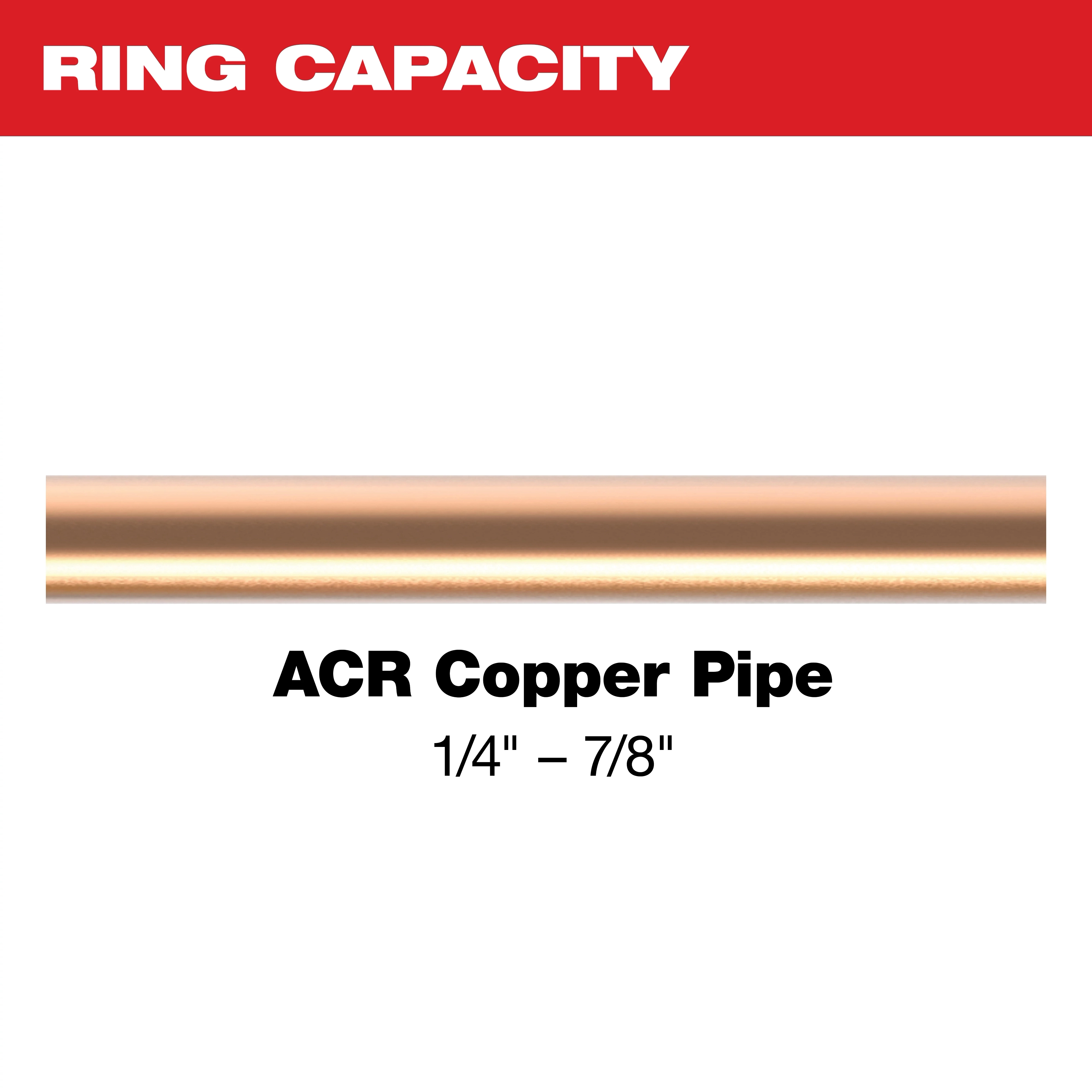 The Mueller® Streamline® ACR Pivoting Press Ring has a ring capacity suitable for ACR copper pipes ranging from 1/4 inch to 7/8 inch.