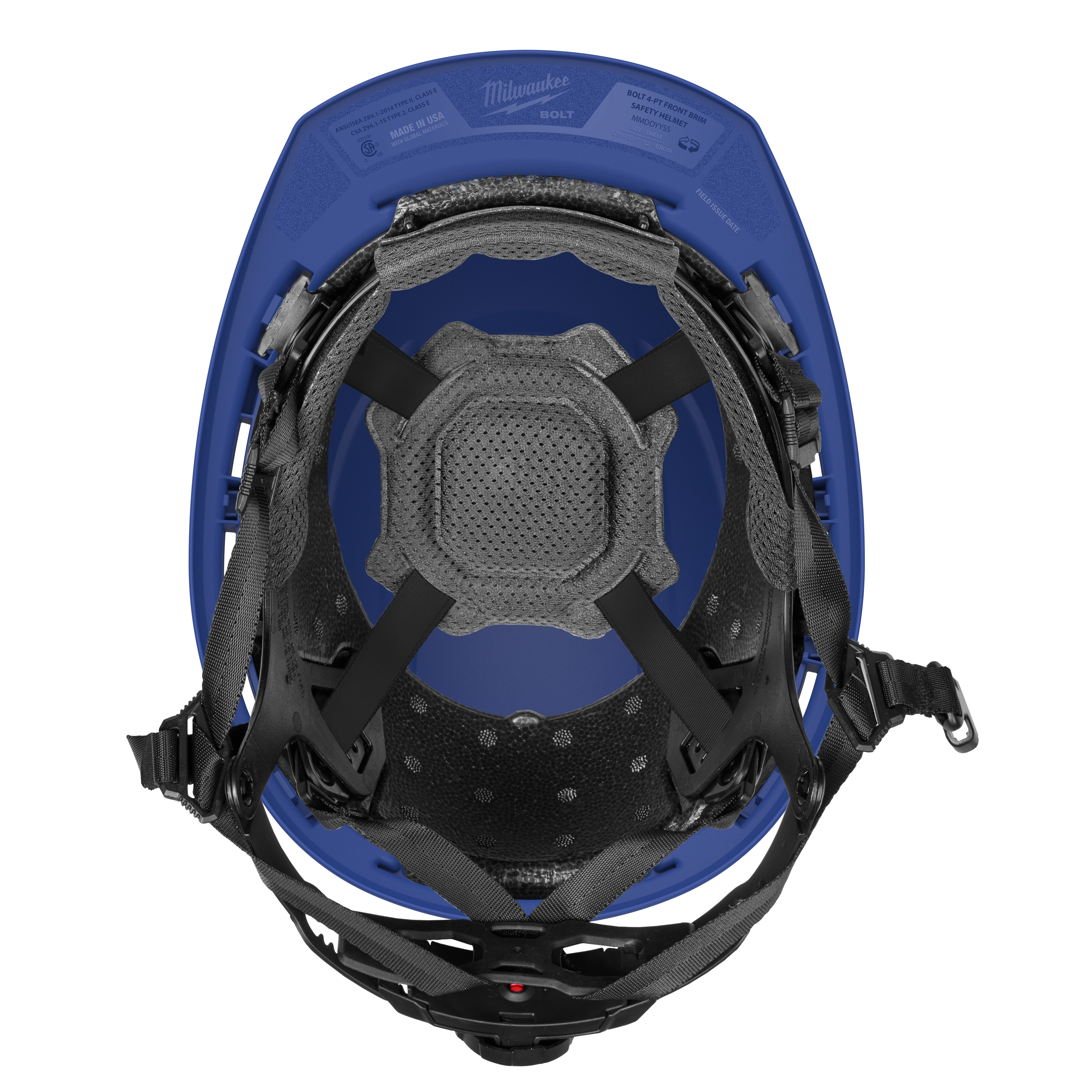 BOLT™ Blue Front Brim Safety Helmet with 4-point Ratcheting Suspension - Type 2, Class E is pictured from above, showing the interior padding and straps. The helmet features secure black suspension straps, comfortable fabric padding, and adjustment mechanisms for a customized fit. The bright blue exterior indicates the helmet's color.