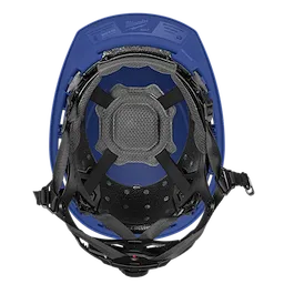 BOLT™ Blue Front Brim Safety Helmet with 4-point Ratcheting Suspension - Type 2, Class E is pictured from above, showing the interior padding and straps. The helmet features secure black suspension straps, comfortable fabric padding, and adjustment mechanisms for a customized fit. The bright blue exterior indicates the helmet's color.