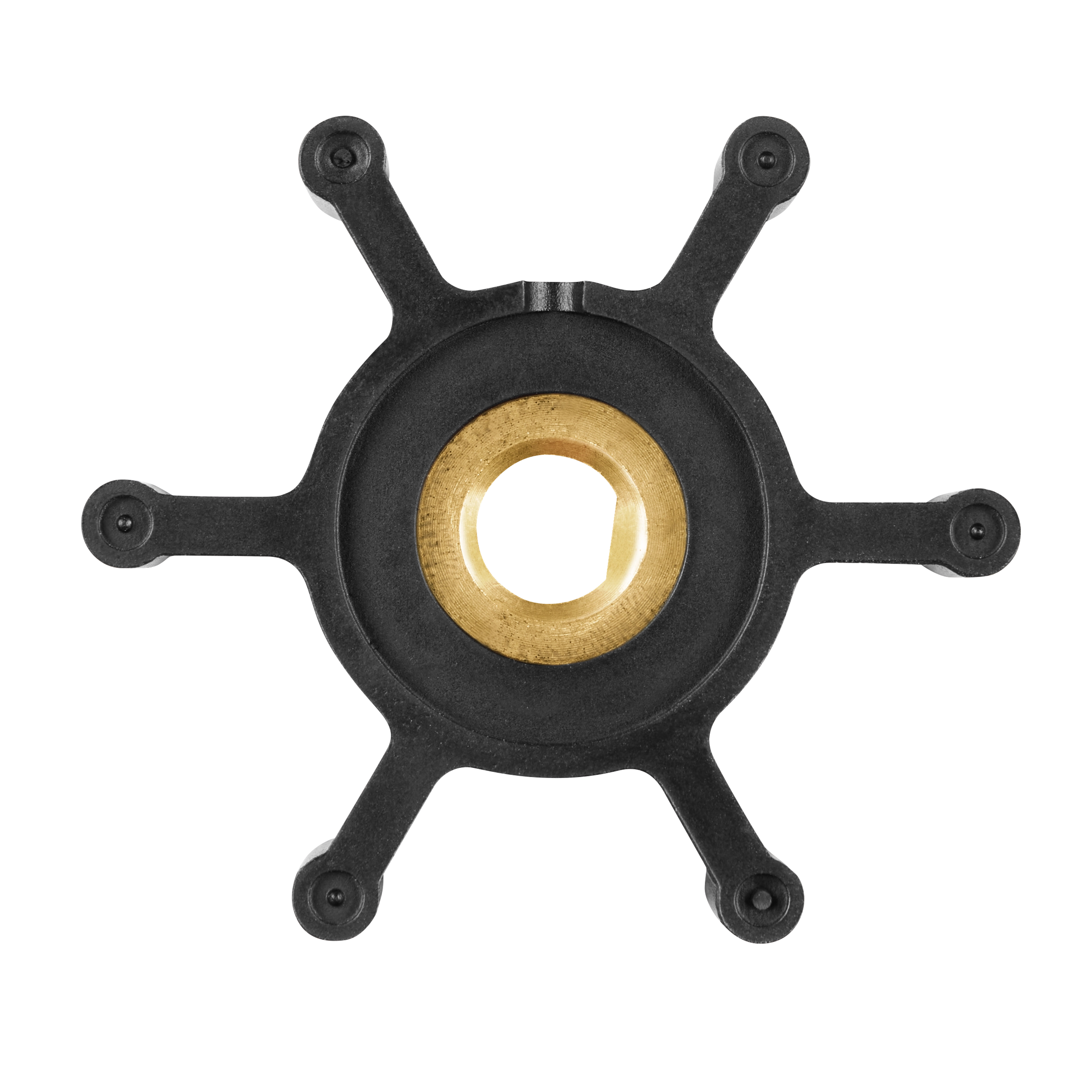 Impeller for M18™ Transfer Pump featuring a black, six-arm design with a central brass ring. The product is used for efficient fluid transfer in M18™ pumps. Its durable construction ensures reliable performance and longer lifespan.
