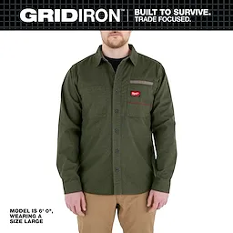 Person wearing an olive GRIDIRON Flannel Shirt with button front and chest pockets against a white background.