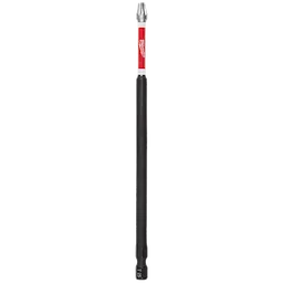 Image of a SHOCKWAVE™ 6" Power Bit TORX® T25 Power Bit. It is a long, black drill bit with a TORX® T25 head, featuring a red section near the top with the Milwaukee logo.