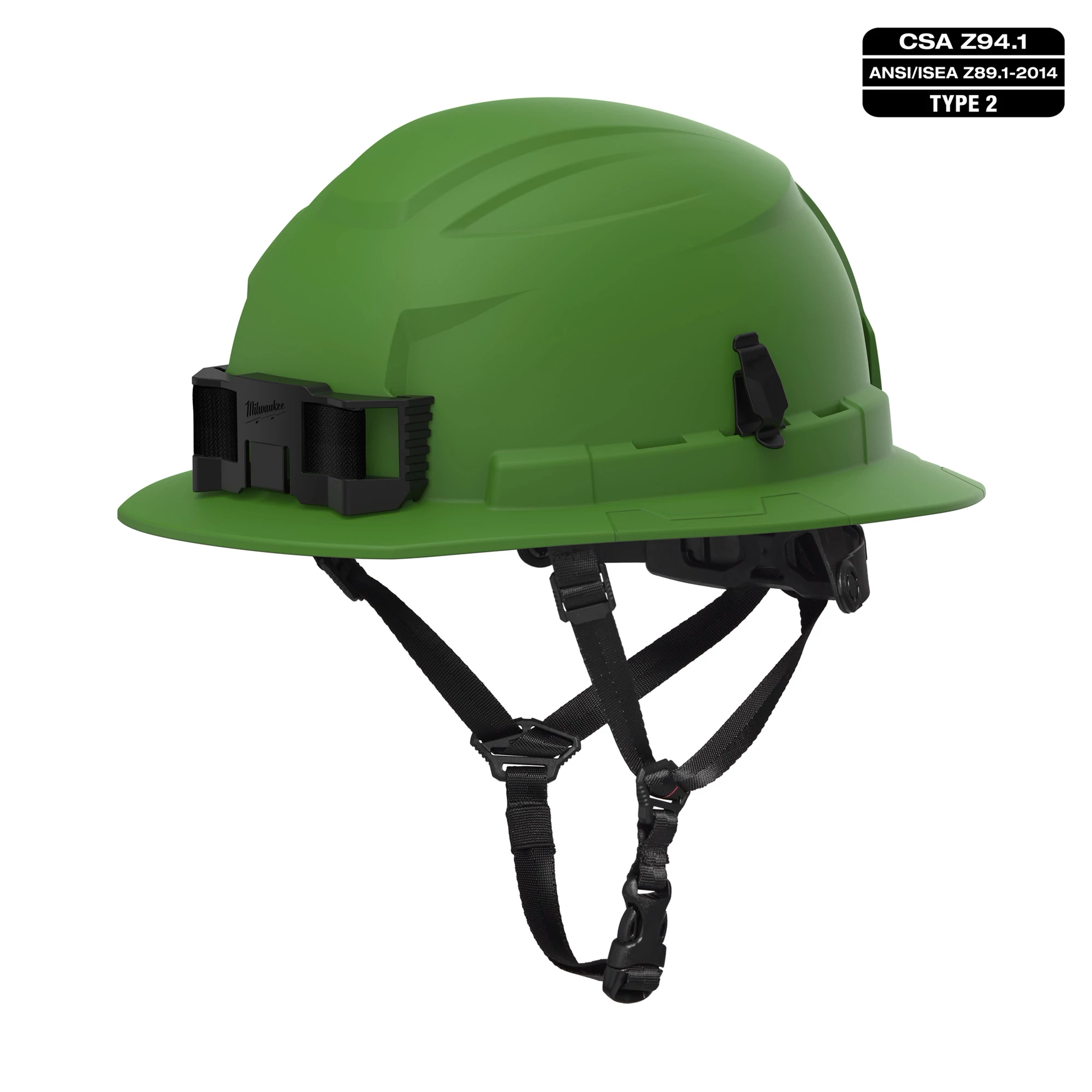 BOLT 4PT Green Full Brim Non-Vented Safety Helmet - Type 2, Class E. Includes adjustable chin strap and clip attachments.