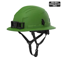 BOLT 4PT Green Full Brim Non-Vented Safety Helmet - Type 2, Class E. Includes adjustable chin strap and clip attachments.
