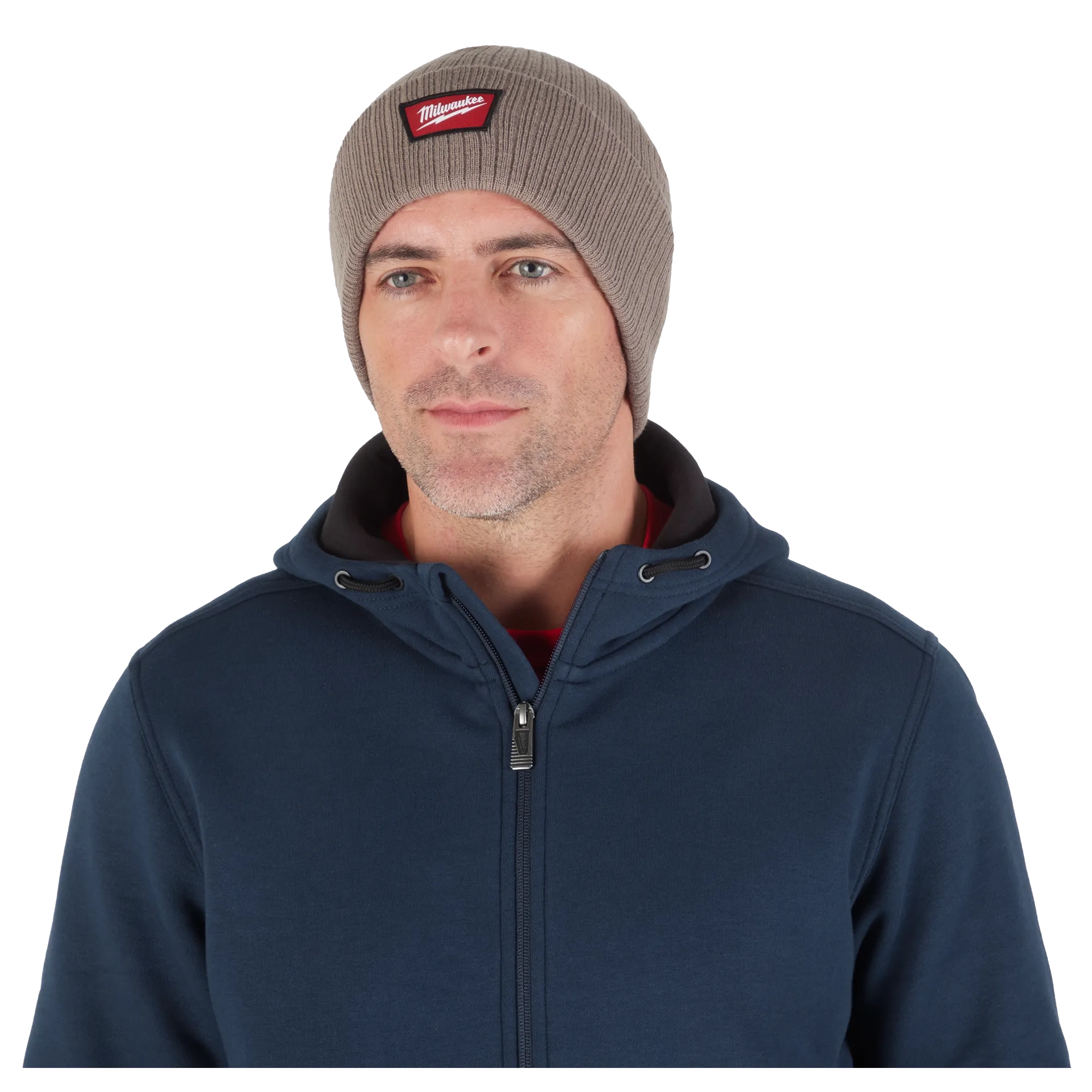 Image of a man wearing the Milwaukee Rib-Knit Cuffed Beanie in brown
