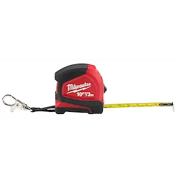 Red and black 10ft/3m keychain tape measure with LED light, featuring a metal keyring and partially extended yellow measuring tape.